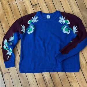 CAbi Royal Blue and purple embroidered Knit Sweater